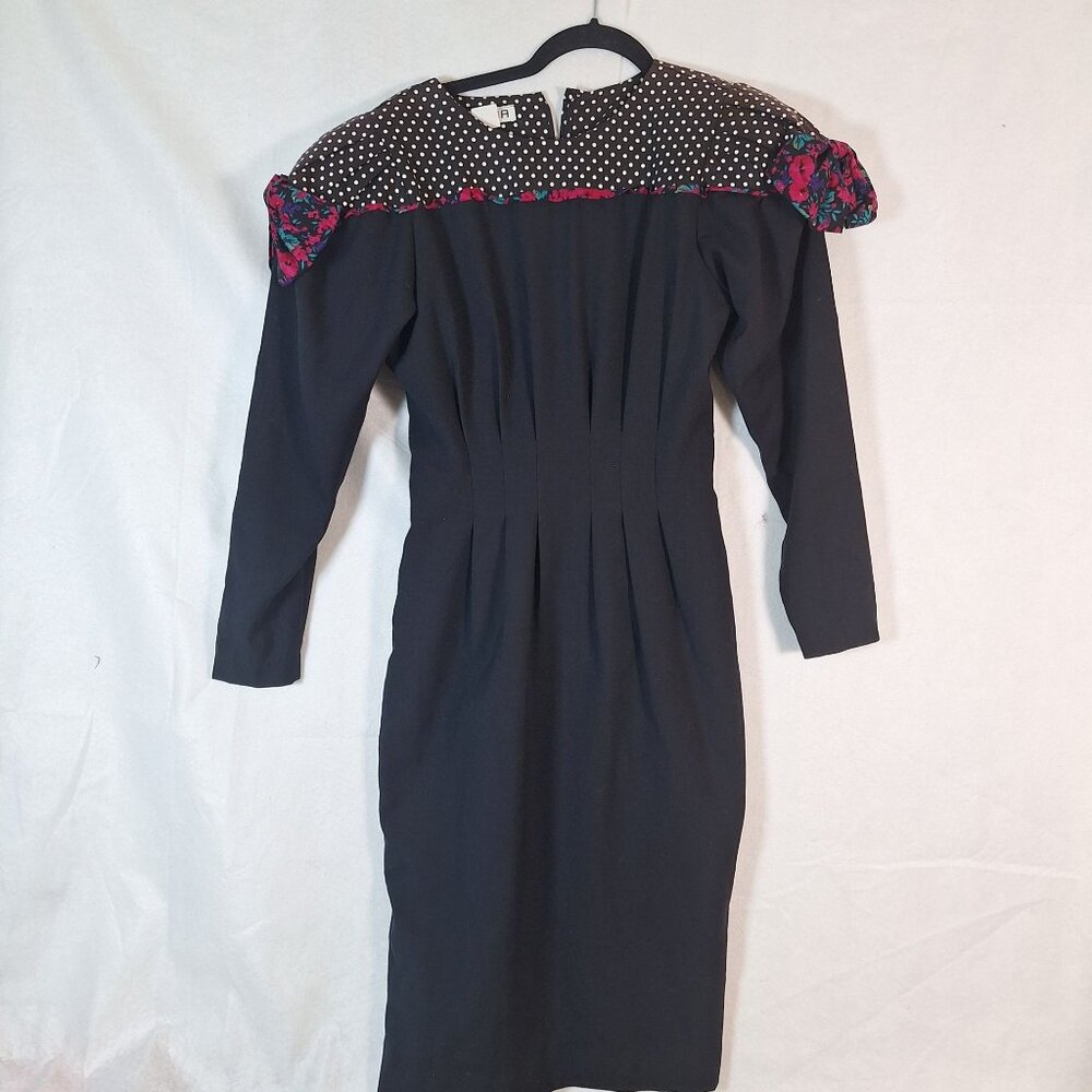 Vintage 80s shoulder pad polka dot floral black dress size 4